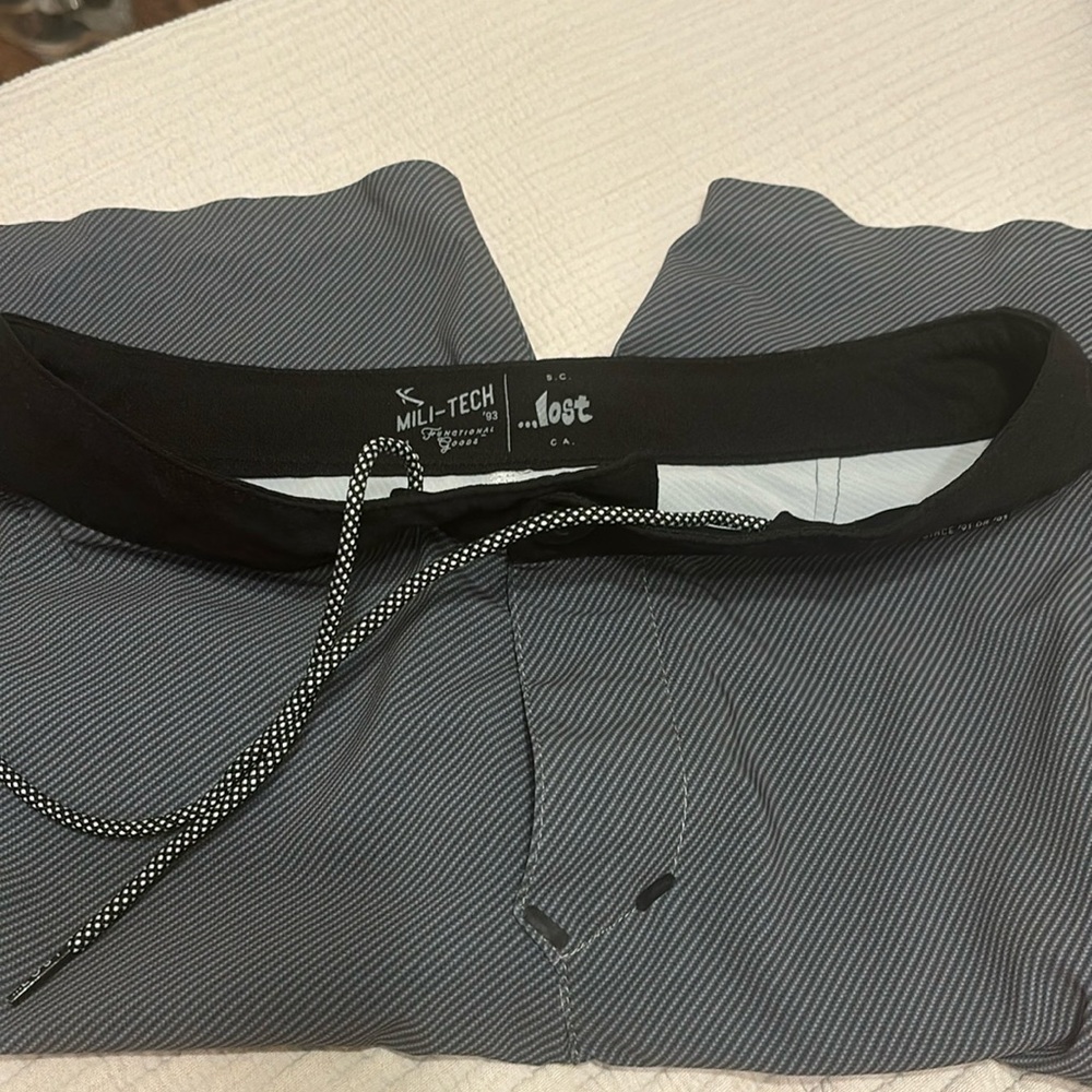 LOST board shorts gray pinstripes